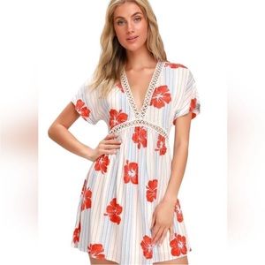 Lulu’s Pretty Mama white tropical print lace up back mini dress